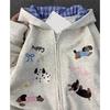 Dog embroidered plaid hooded sweater cardigan women's spring and autumn new Korean lazy style chic coat