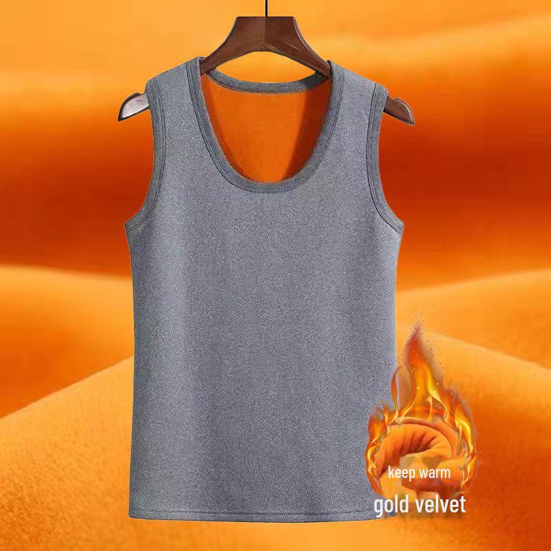 Мужской теплый жилет из золотистого бархата - плюс бархат, утолщенный, однотонный, круглая горловина, облегающая нижняя рубашка