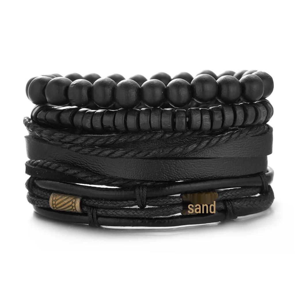 Men's Multi-Layer Bracelet Set with Wooden Beads and Braided Leather
