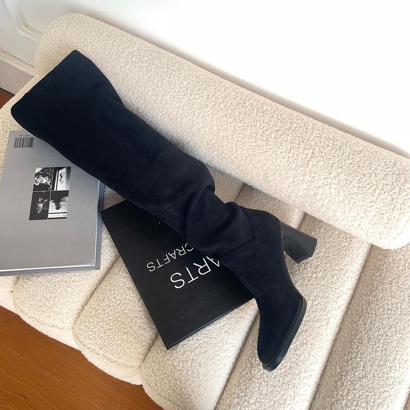 Большие сапоги с трубчатой окружностью, новые тонкие сапоги с толстым каблуком, высокие сапоги с высоким каблуком, рыцарские сапоги с квадратной головкой, маленькие сапоги с толстой голени