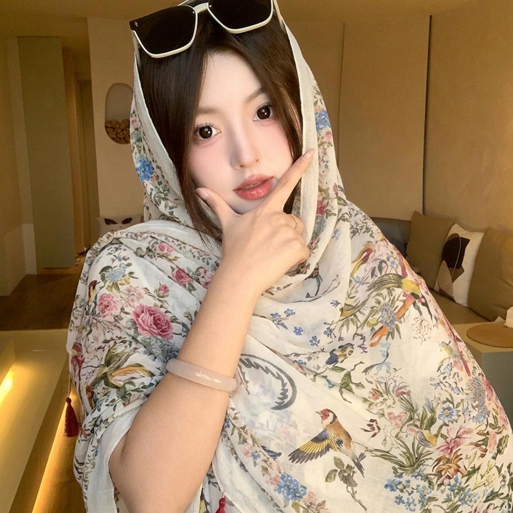 White cashew flower sunscreen shawl women's disc buckle long ethnic style travel photo thin beach scarf silk scarf