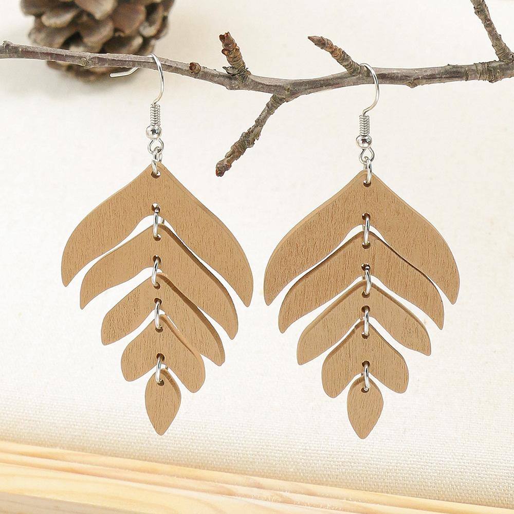 Fashion Cutting Laser Wooden Drop Earrings Set Ethnic Cute Beautiful Leaf Feather Geometry Colorful Hanging Dangle Zircon