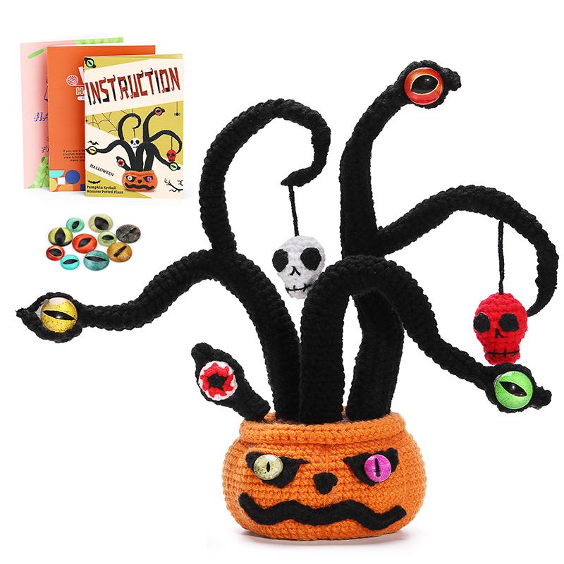 Набор для вязания крючком для начинающих «Тыква-монстр в горшке» для Хэллоуина. Пряжа для вязания крючком. Инструменты, расходные материалы и простой видеоурок.