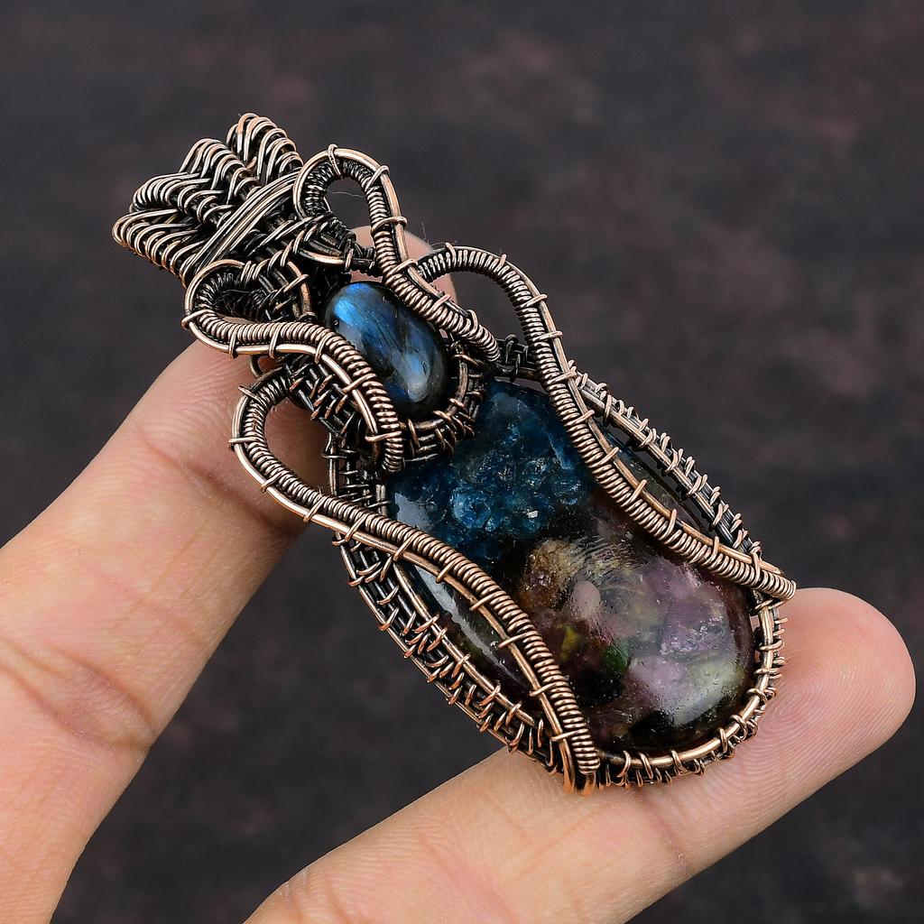 Медный кулон с драгоценным камнем Турмалин Арбузного цвета, обмотанный медной проволокой, кулон с Лабрадоритом, медные украшения, свадебный подарок, кулон ручной работы