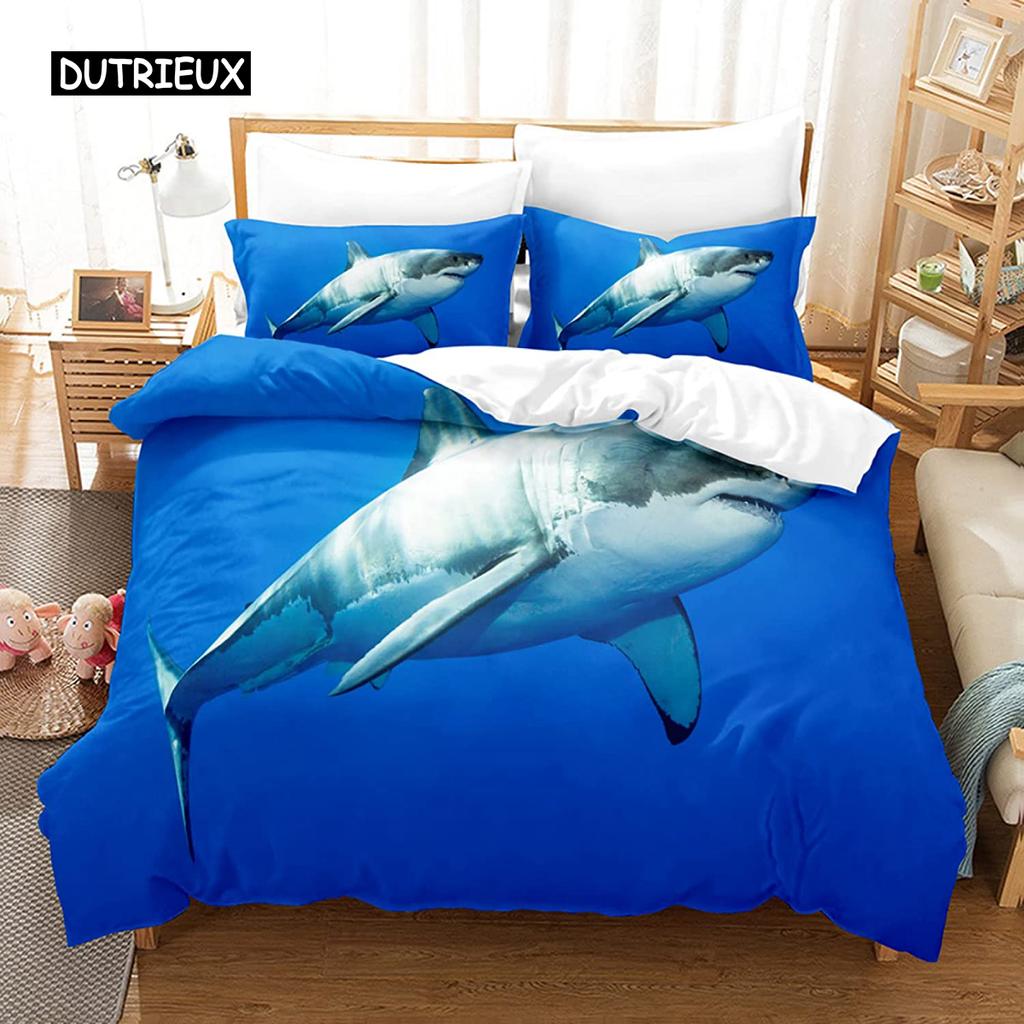 Shark Duvet Cover Set Microfiber Hawaiian Beach Theme Bedding Set Underwater Ocean Sea Themed Double Queen King Size Quilt Cover