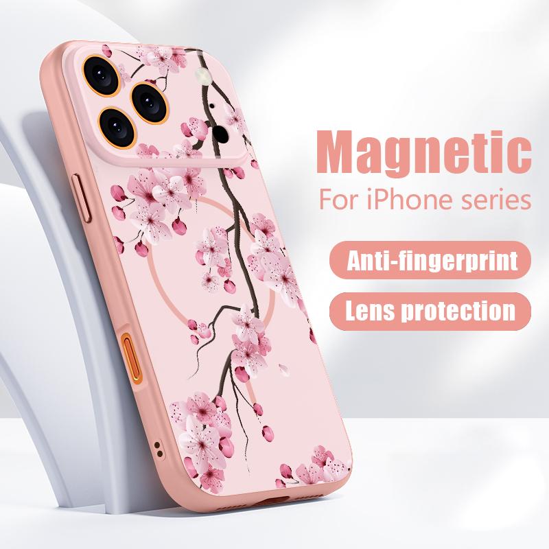Чехол с узором ветки цветущего персика Для iPhone 17 Pro Max Магнитный Для Magsafe Гибридная Тонкая Матовая Крышка Для iPhone 16 15 14 13 Pro Max