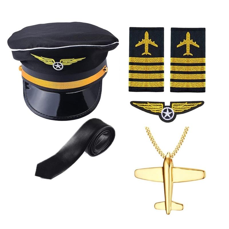 Airline Captain Costume Adult Pilot Cosplay Accessory Uniform Epaulette Hat Neck Tie Flight Attendant Role Play Outfit