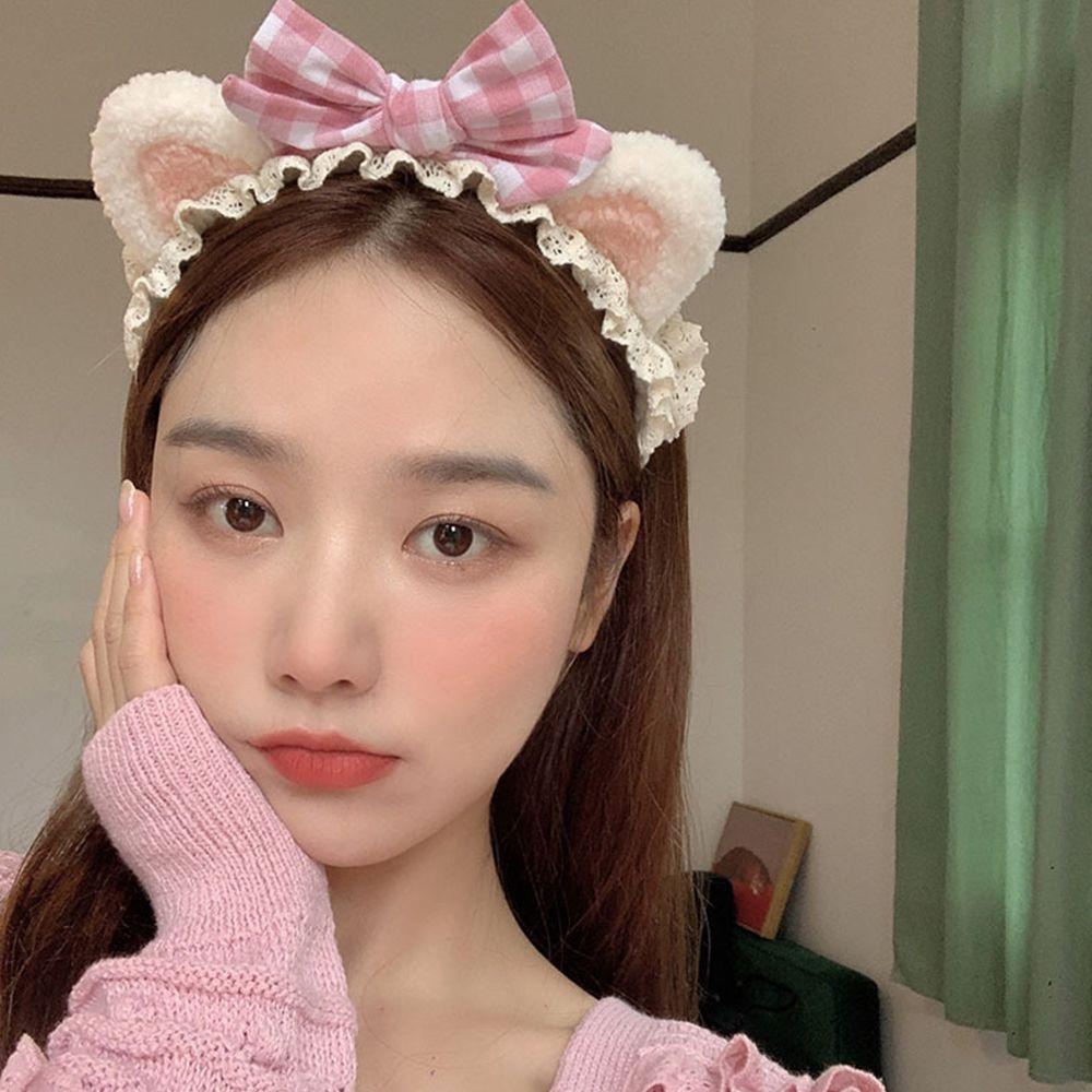 Plush Headdress Wash Face Plaid Bow Women Accessories Korea Style Headband Cat Ears Lace Hair Band