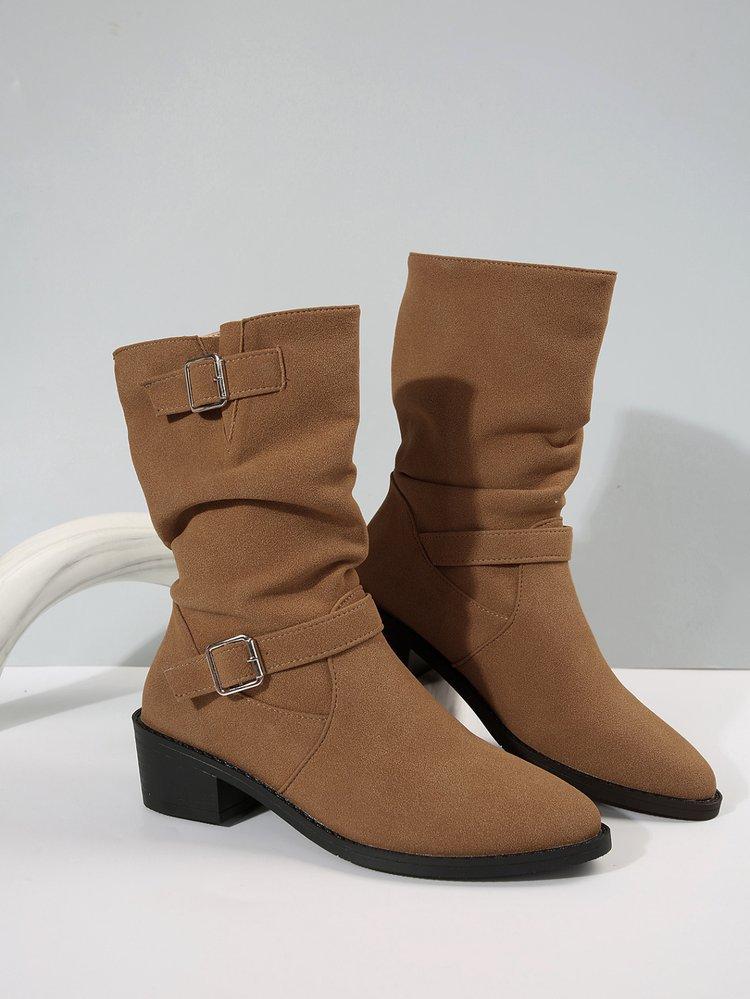 Женские ковбойские сапоги из искусственной замши, ковбойские сапоги в стиле вестерн с круглым носком, ботильоны до середины голени, женские короткие ботинки на толстом блочном каблуке без застежек