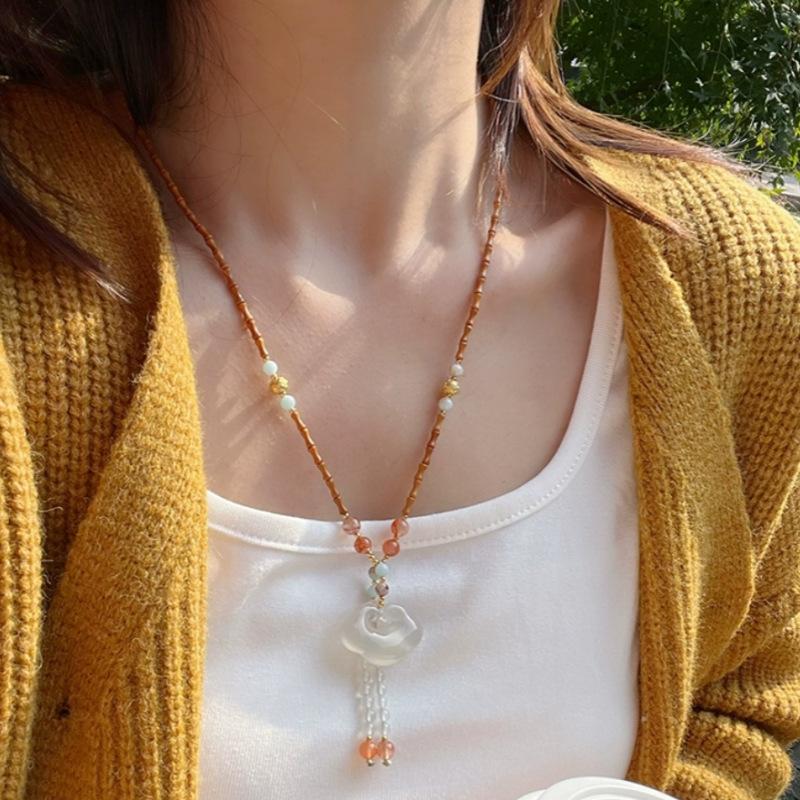 Natural chalcedony Ruyi lock pendant for peace and protection, Christmas and New Year's gift, handmade braided agate necklace for women