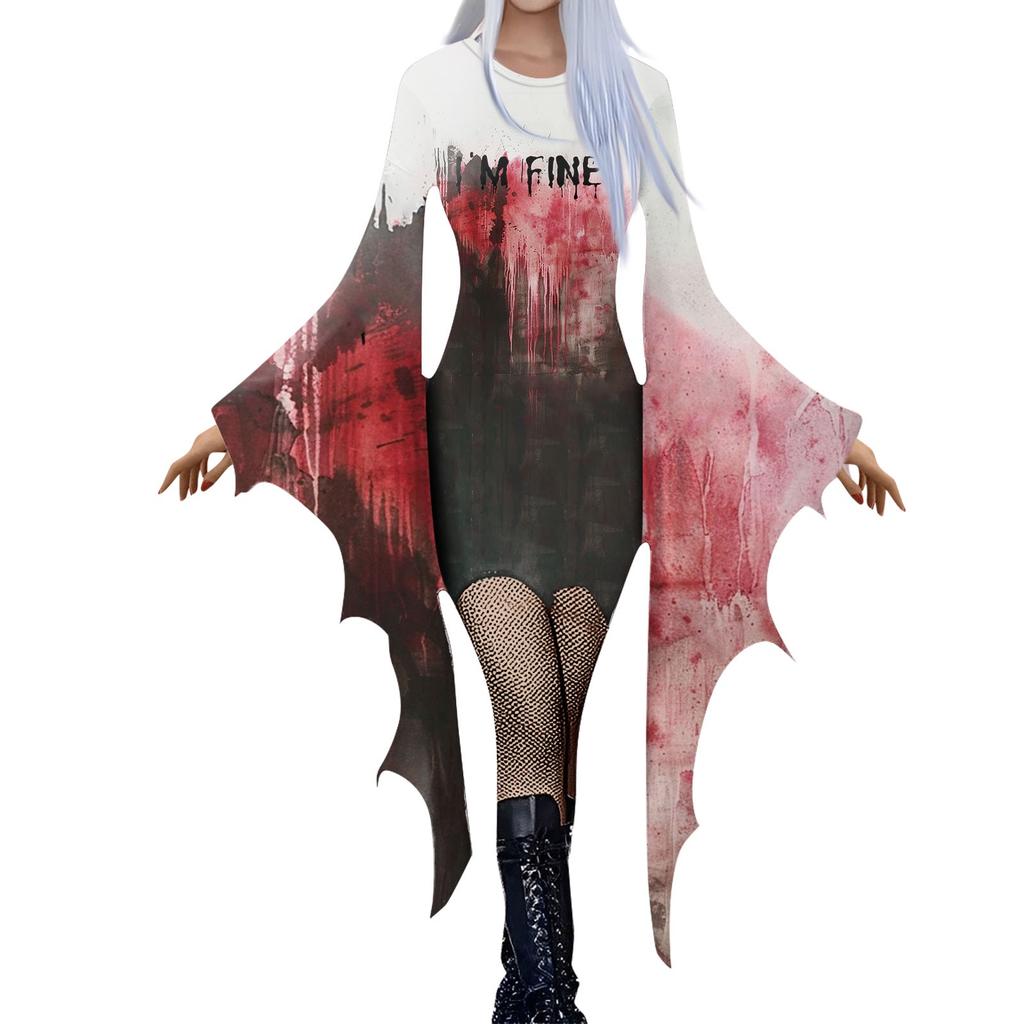 Women Fashion Gothic Punk Bat-Sleeve 3D Cute Halloween Print Irregular Party Dress