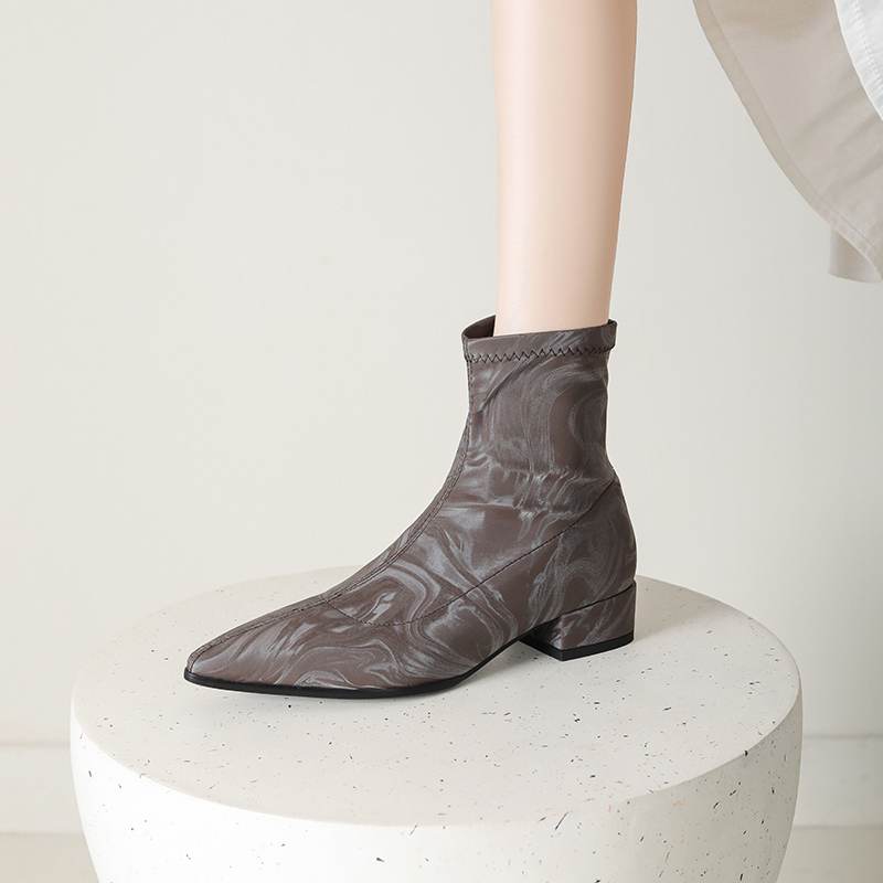 lenkisen PU Autumn Winter Shoes Thick Low Heels Printing Oriental Design Chelsea Boots Keep Warm Beauty Lady Ankle Boots