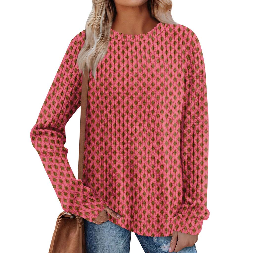 Women's Winter Color-Block Printed Lightweight Brushed-Cotton Round Neck Top