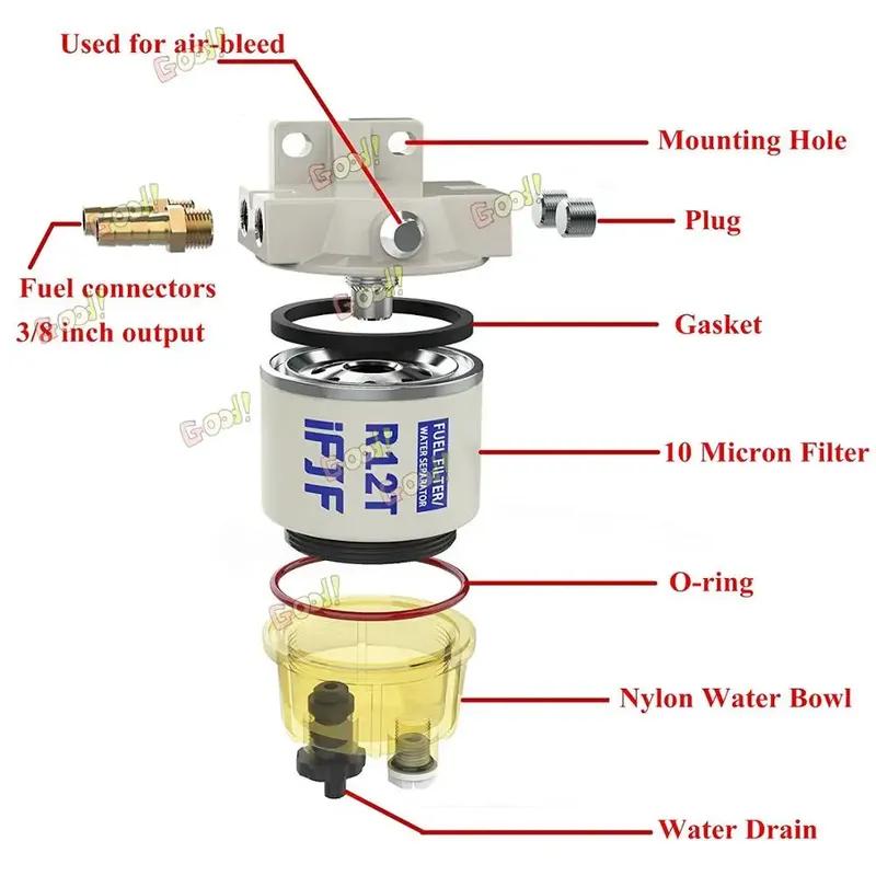 R12T Fuel Filter/Water Separator 120AT NPT ZG1/4-19 Automotive Parts Complete Fits Diesel Engine(Include Four Fittings)