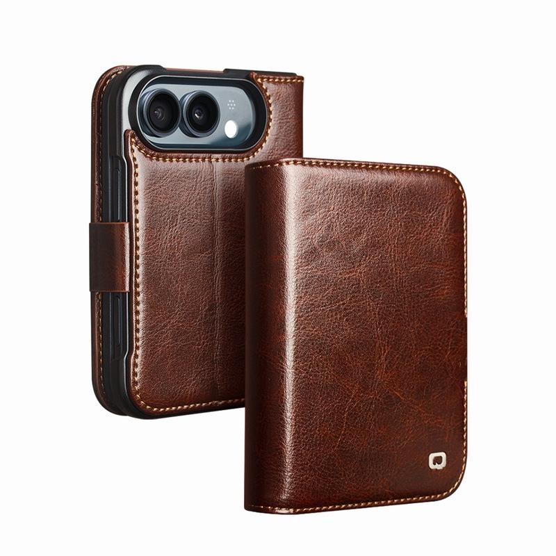 Apple iPhone Duo phone case, genuine leather flip cover, wide folding screen stand, protective case with magnetic closure and card slots