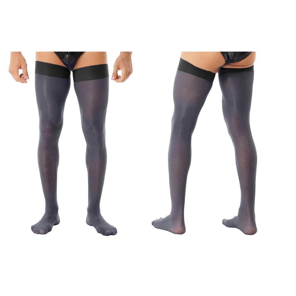 Men Glossy See-through Stockings Thin Shiny Solid Color Stretchy Sheer Thigh High Socks