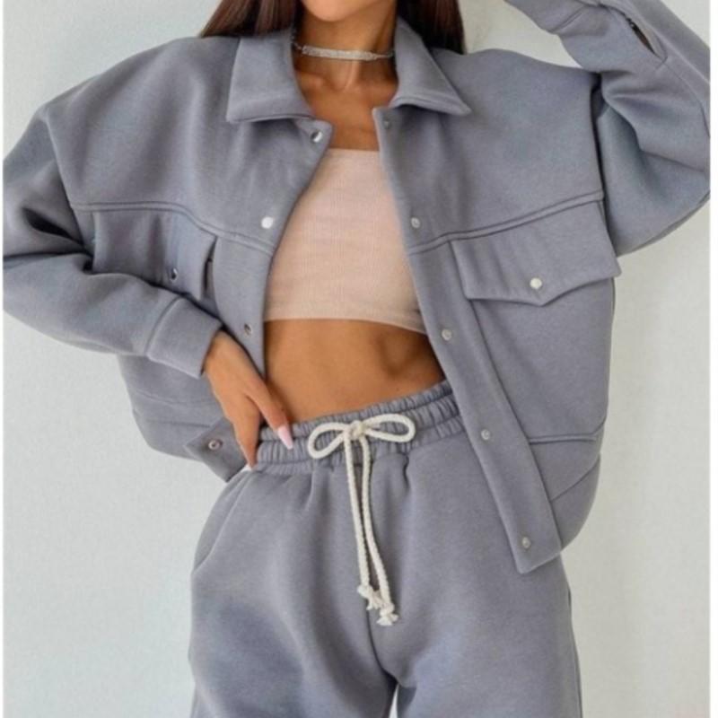 Однотонный женский комплект из двух предметов, модный свитшот с длинными рукавами, пальто на пуговицах с лацканами и брюки, спортивный костюм, осенне-зимний повседневный комплект для женщин