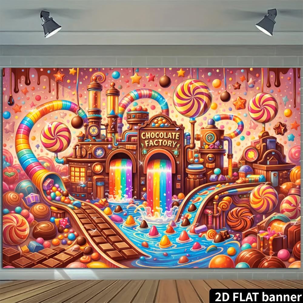 2D flat chocolate factory double rainbow waterfall background circular lollipop tube decoration durable materials