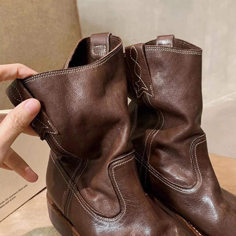 Модные женские ковбойские сапоги до середины икры, западные короткие вышитые сапоги с круглым носком на низком каблуке, слипоны, комфортные, для платья, присборенные ботильоны