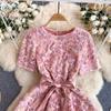 Summer Women Elegant Pink Sequined Floral Embroidery Mesh Princess Dress Sweet Birthday Evening Party Prom Dresses