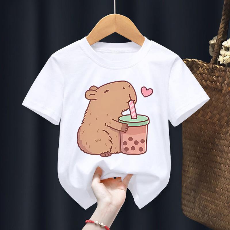 Capybara T shirt for Boys Girls Tee Round Neck Top Black White Clothes Cartoon Short Sleeve Summer Clothing Gift Soft Breathable