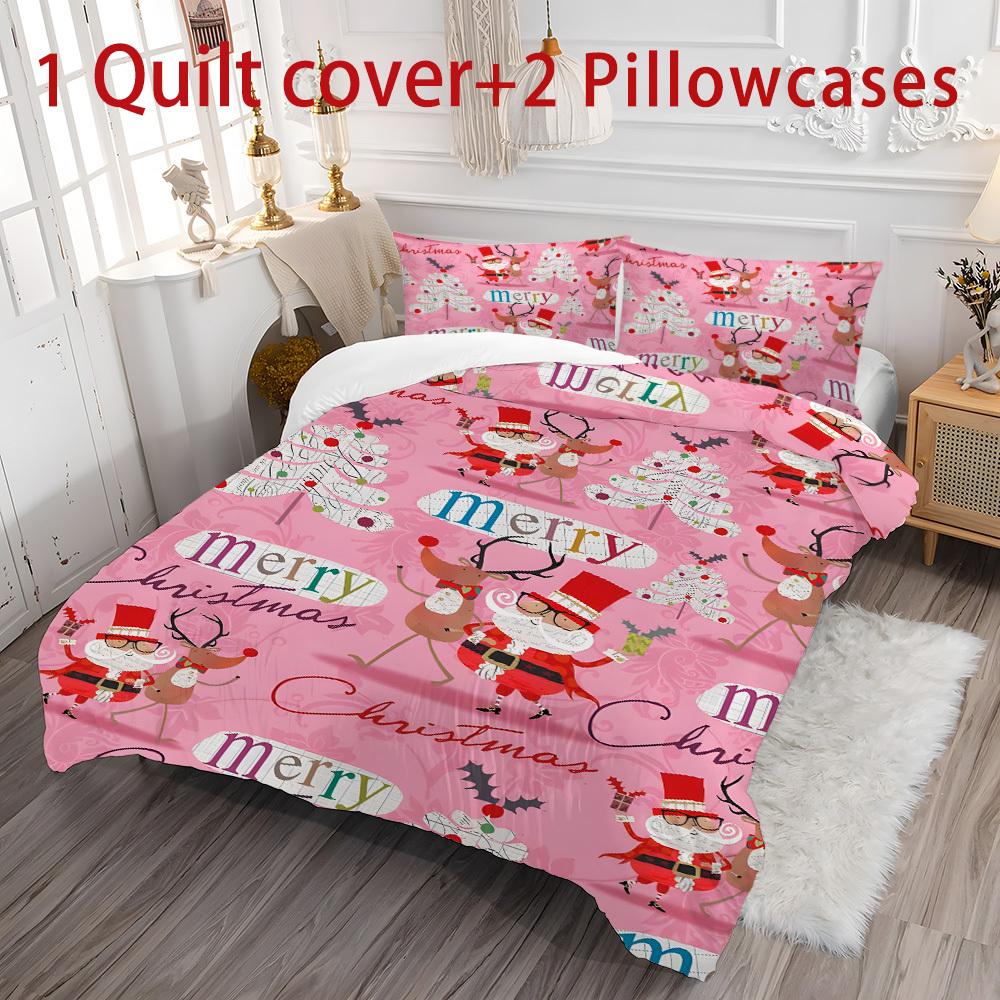 Merry Christmas 3pcs Bedding Set - Soft Polyester Duvet Cover & Pillowcases, Multicolor Print, Perfect for All Seasons - Ideal