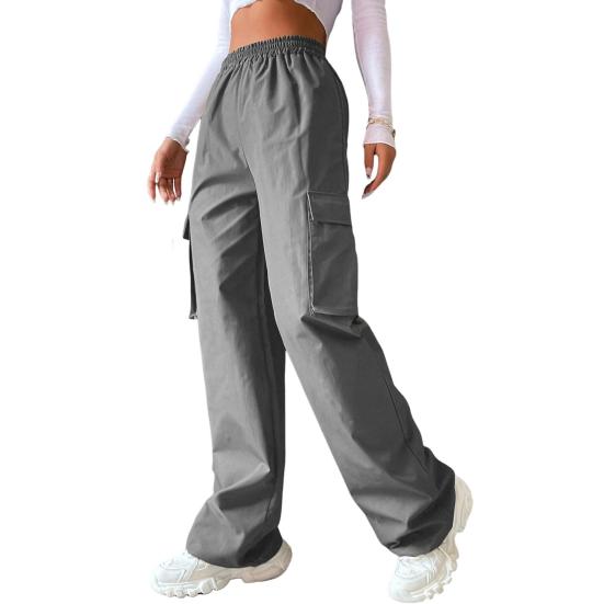 Women Cargo Pants Elastic Waist Wide Leg Solid Color Trousers Casual Joggers Sweatpants with Side Flap