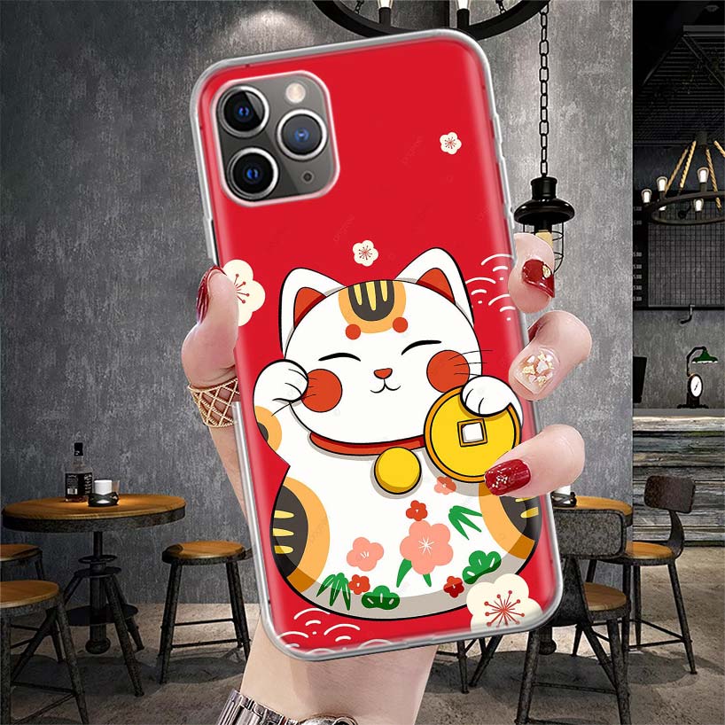Счастливый Кот Манеки Неко Японский Мягкий Чехол Для Телефона Для IPhone 11 17 Air 16E 16 Pro Max 15 + 14 Plus 13 Mini 12 Apple 7 SE 8 Fundas C
