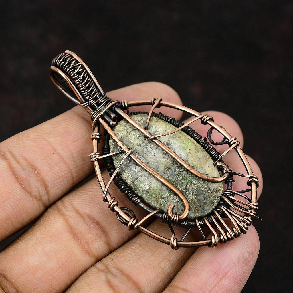 Древо жизни ископаемый коралловый драгоценный камень кулон медная проволока обернутый кулон ручная работа медные украшения подарок для нее ископаемый коралловый драгоценности для женщин