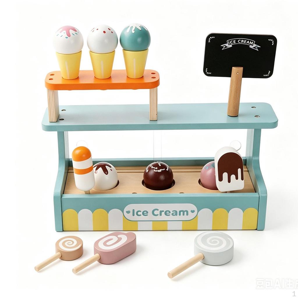Wooden Ice Cream Stand Pretend Play Shop Toy Pastel Playset for Young Children,