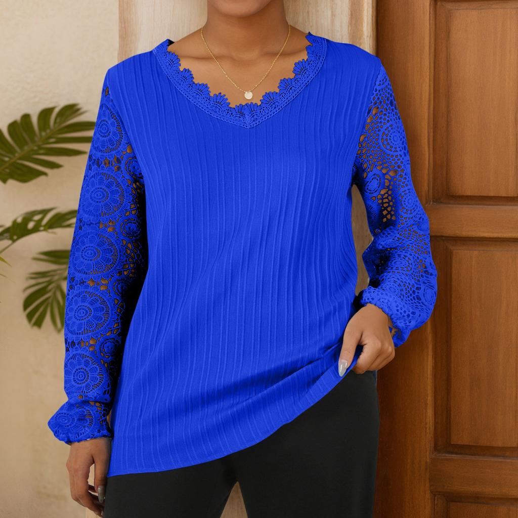 Женская свободная повседневная футболка с v-образным вырезом и кружевом в стиле пэчворк с длинными рукавами