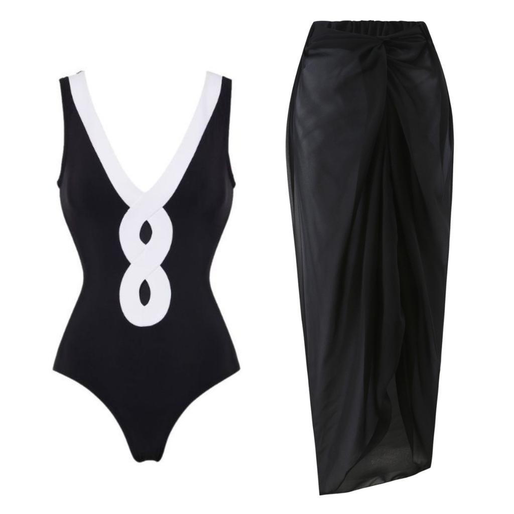 1011 European and American new black and white simple hollow one-piece swimsuit women's skirt set is popular