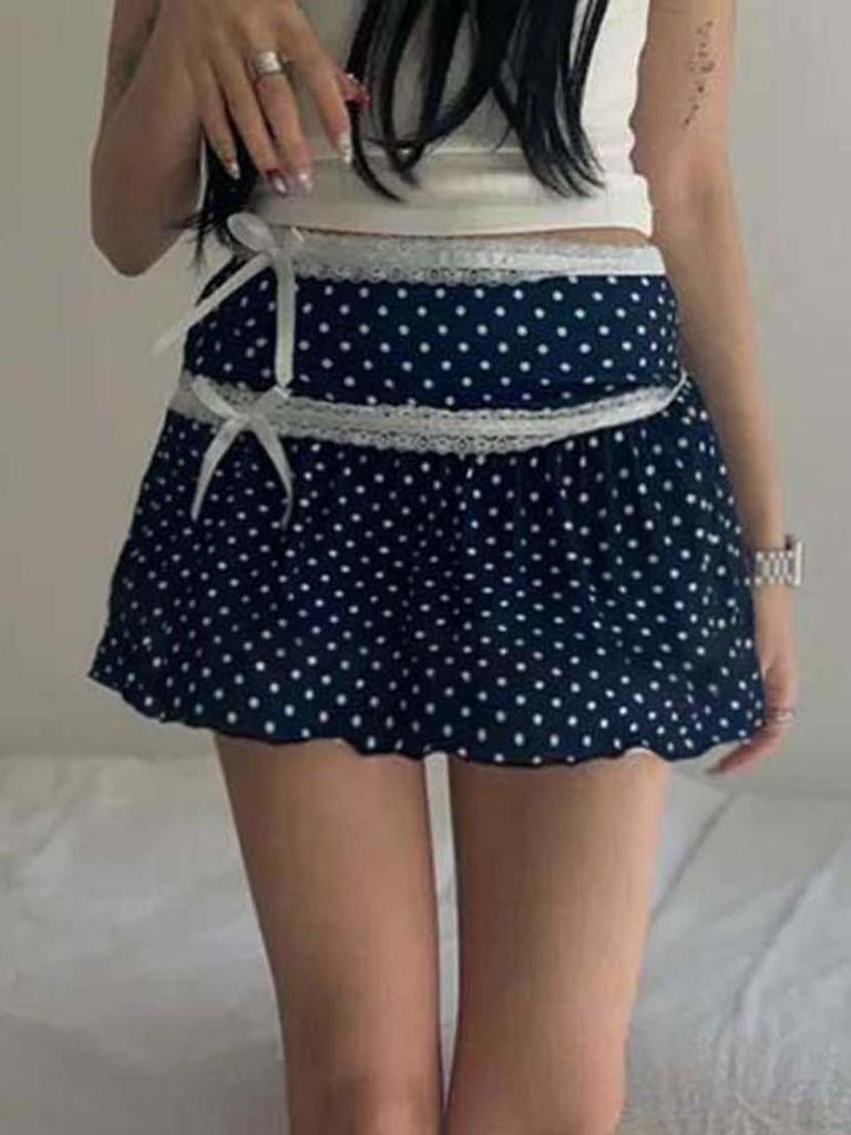 Retro Polka Dot Bow Lace Trim A-line Skirt - Summer Slimming Style