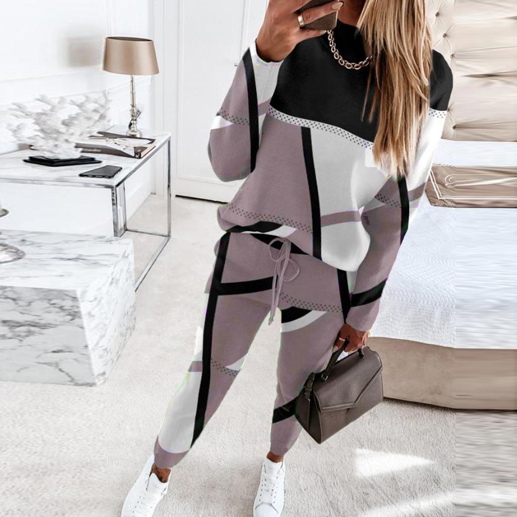 Women's Fashion Casual Solid Color Printed Tops Pants Suit