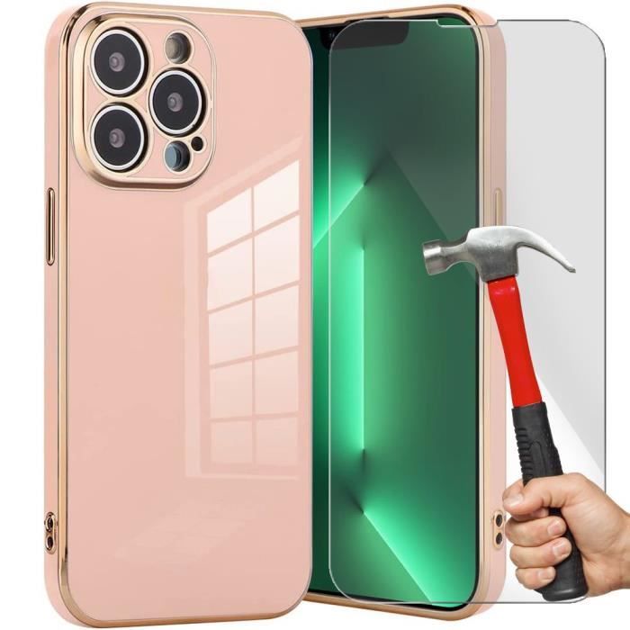 Coque de Protection - E.F.CONNECTION - iPhone 13 Pro Max - Souple - Rose - Bordure Or