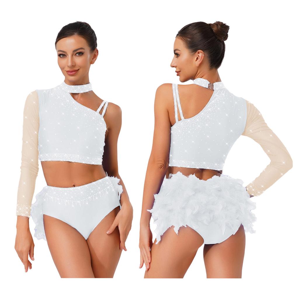 Комплект из 2 предметов для латиноамериканских танцев для женщин - Блестящий кроп-топ на одно плечо со стразами и трусы с перьями сзади для ча-ча, танго, танца живота