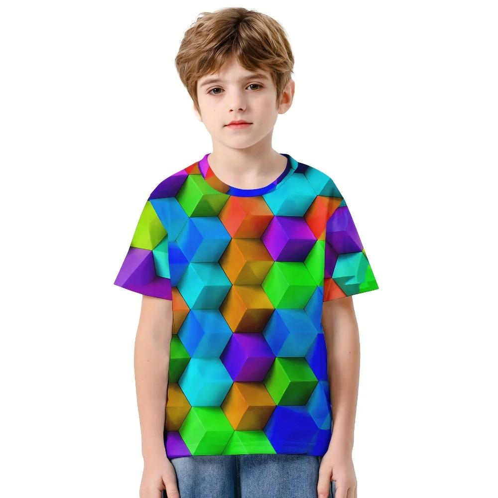 Children's Block Pattern 3D Digital Printed Boys' Fashion and Comfortable Round Neck Short Sleeved T-shirt