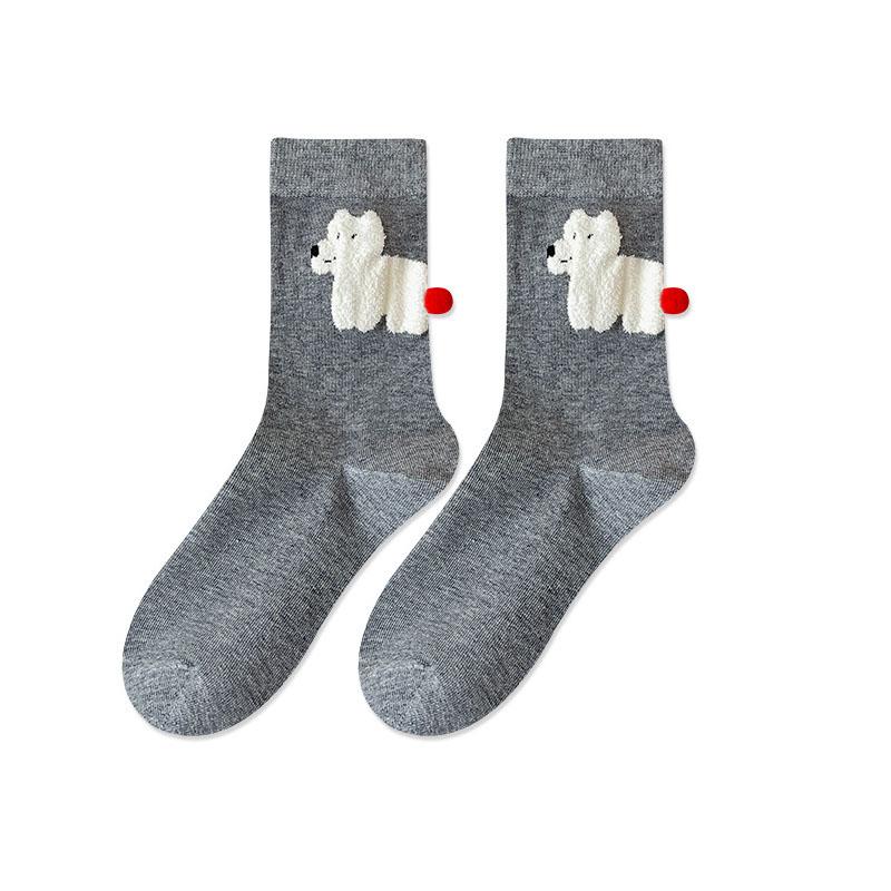 Женские 3D мультяшные носки средней длины с животным принтом, с помпоном, весенне-осенние, милые, модные, креативные, мягкие, дышащие хлопковые носки