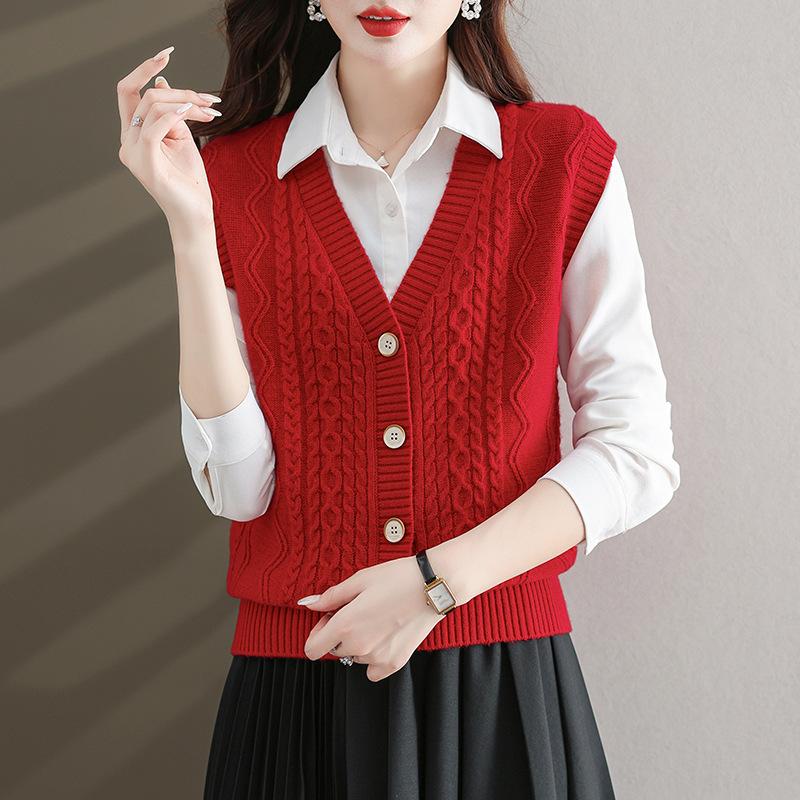 Женский шикарный трикотажный жилет из полиэстера | Жилет-свитер с V-образным вырезом и косами | Однотонный трикотаж без рукавов | Модный многослойный топ на осень/зиму