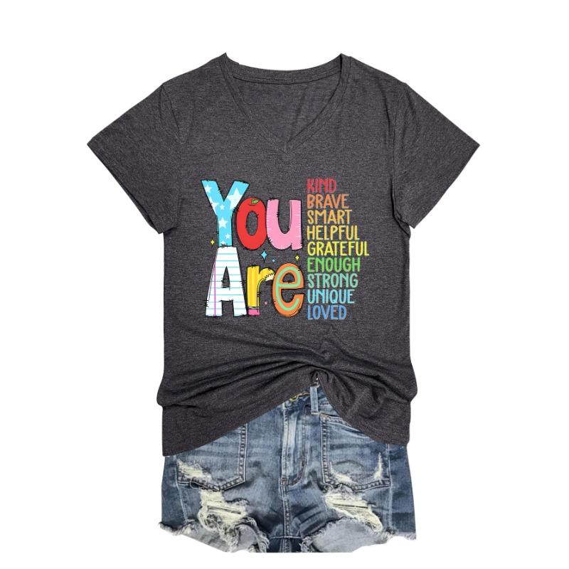 Летний топ с V-образным вырезом и вдохновляющим текстом, модные повседневные женские футболки с коротким рукавом