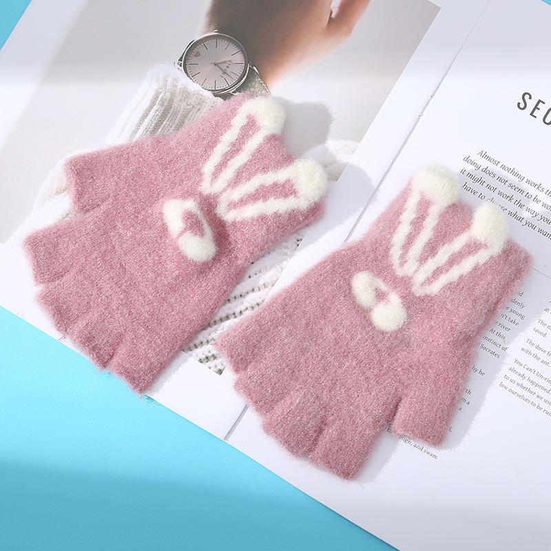 Мультяшные перчатки без пальцев, перчатки с зайчиками, полупальцевые перчатки, женские утолщенные зимние теплые перчатки, полупальцевые перчатки для студентов