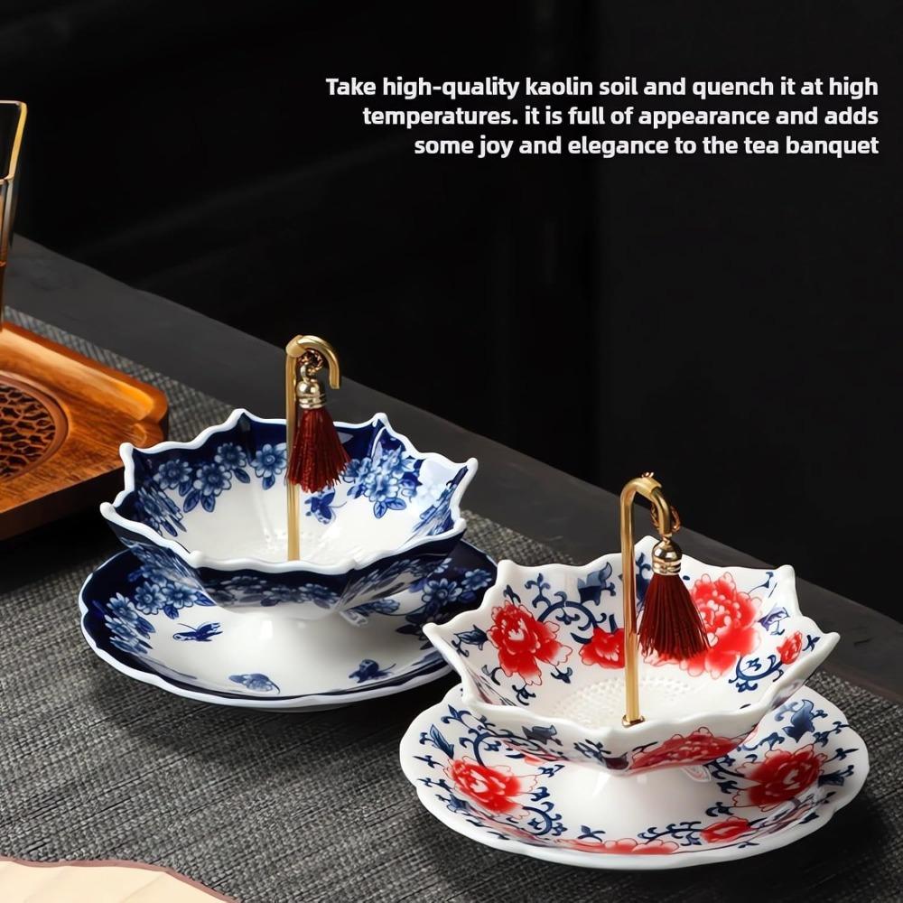 Umbrella Tea Strainer, Umbrella Shape Ceramic Tea Strain Elegant Peony Floral Loose Leaf Tea Filter with Matching Base