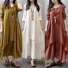 Женская мода Осеннее повседневное льняное платье макси с длинным рукавом Кафтан