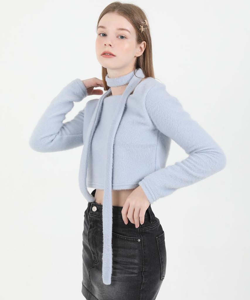 CATTLINE Square Neck Fur Knit T-Shirt & Scarf Set (Sky Blue)
