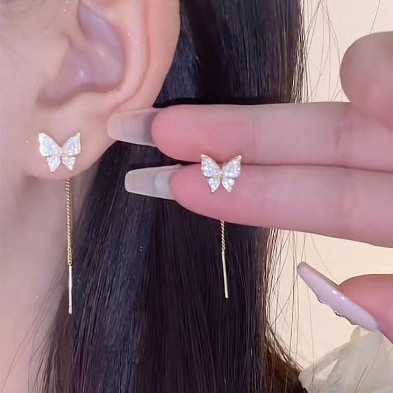 111 silver needle super flash long fringed butterfly earrings, the same simple, small, fresh temperament versatile ears