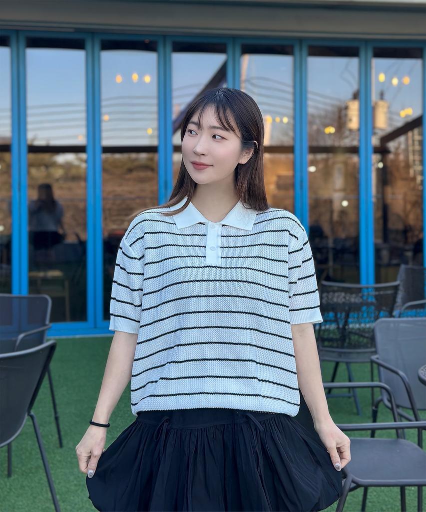 POLYGRAM Textured Striped Collared Short Sleeve Knit - 3 Colors