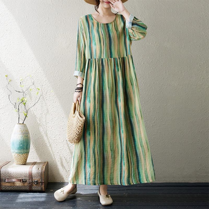 Осеннее литературное платье больших размеров из хлопка и льна с принтом, круглым вырезом и длинными рукавами для женщин, платья