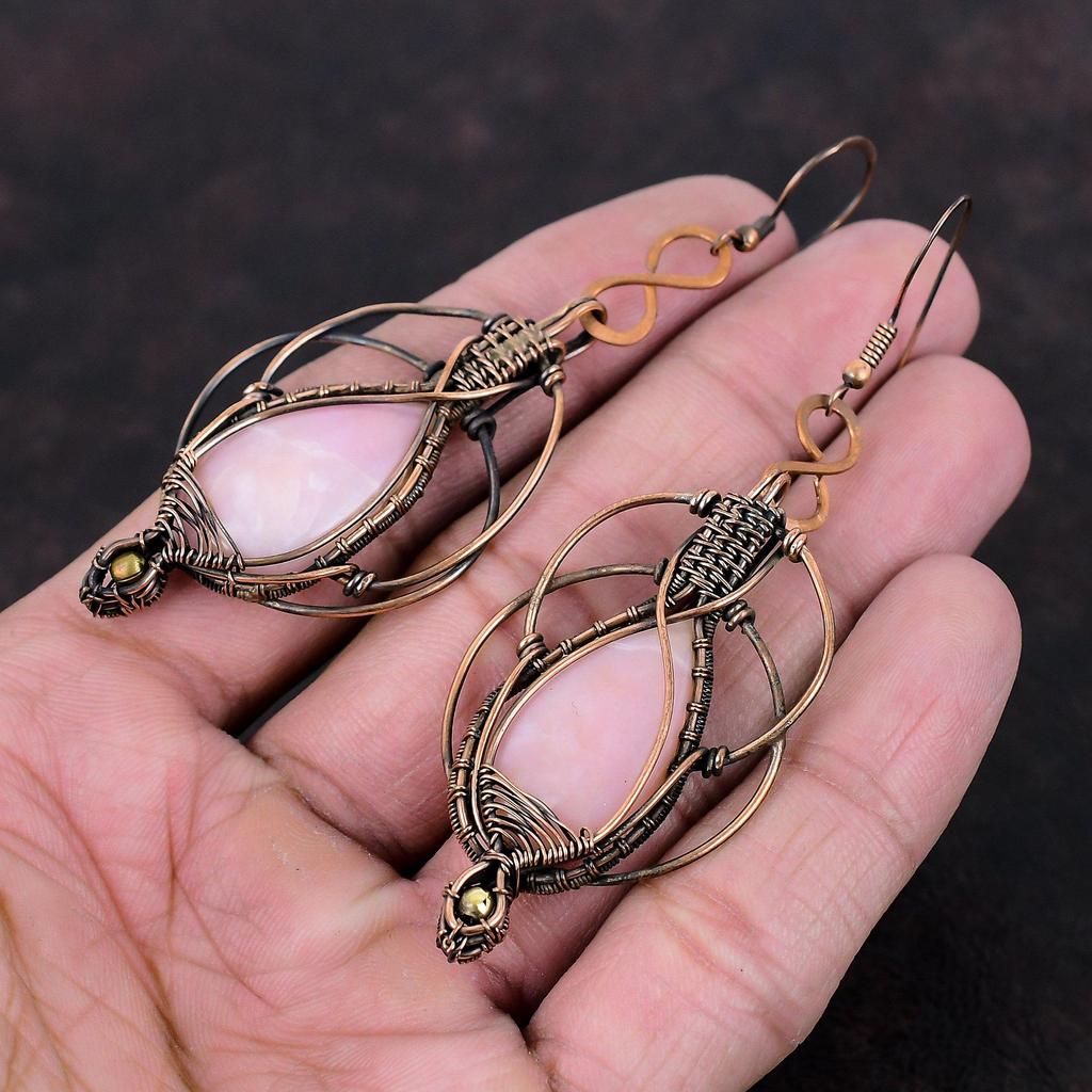 Серьги с розовым опалом, серьги из медной проволоки, ювелирные изделия ручной работы из драгоценных камней, очень красивые висячие серьги, подарок для матери, ювелирные изделия из медной проволоки