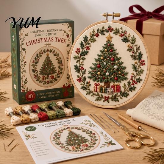 Embroidery Tools for DIY Enthusiasts Christmas Kit Beginners, Pre-Printed Pattern Full Set Wall Decoration Craft of Tools, Needlework Festive