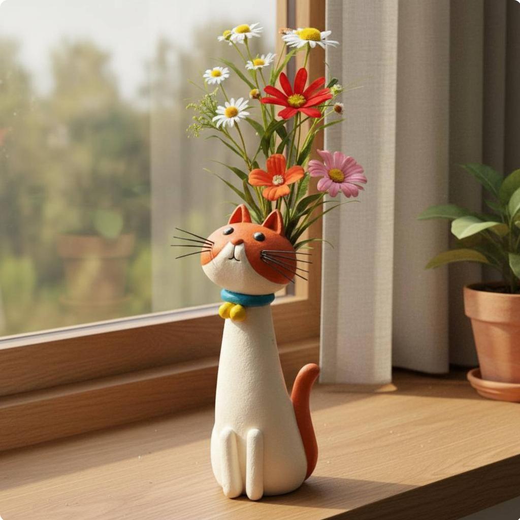 Whimsical Feline Vase Quirky Design Feline Vase Kitty Flower Pot Decorative Accent Resin Sculpture Planter Handmade Look